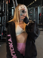 Load image into Gallery viewer, Close view of black Boyfriend Hoodie with pink rhinestone sleeve lettering