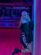 Load image into Gallery viewer, Black rhinestone Boyfriend Hoodie worn under pink and blue studio lighting