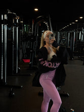 Load image into Gallery viewer, Black Boyfriend Hoodie with pink rhinestone sleeve lettering, styled with purple leggings
